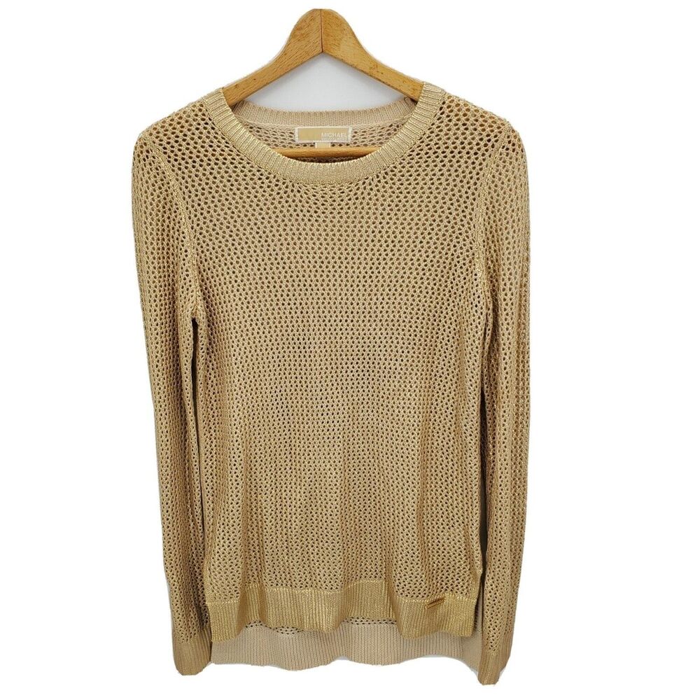 Michael Kors Womens Tunic Sweater Open Knit Gold Metallic Coated Size Medium